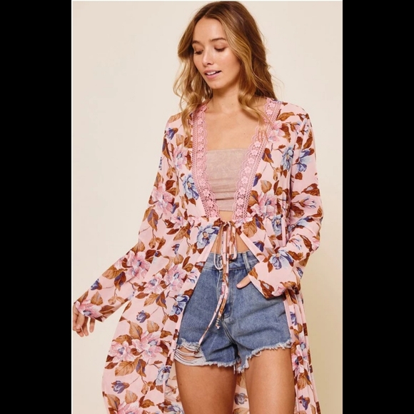 Lightweight boho floral lace trim self tie long kimono duster maxi cardigan - Picture 7 of 15